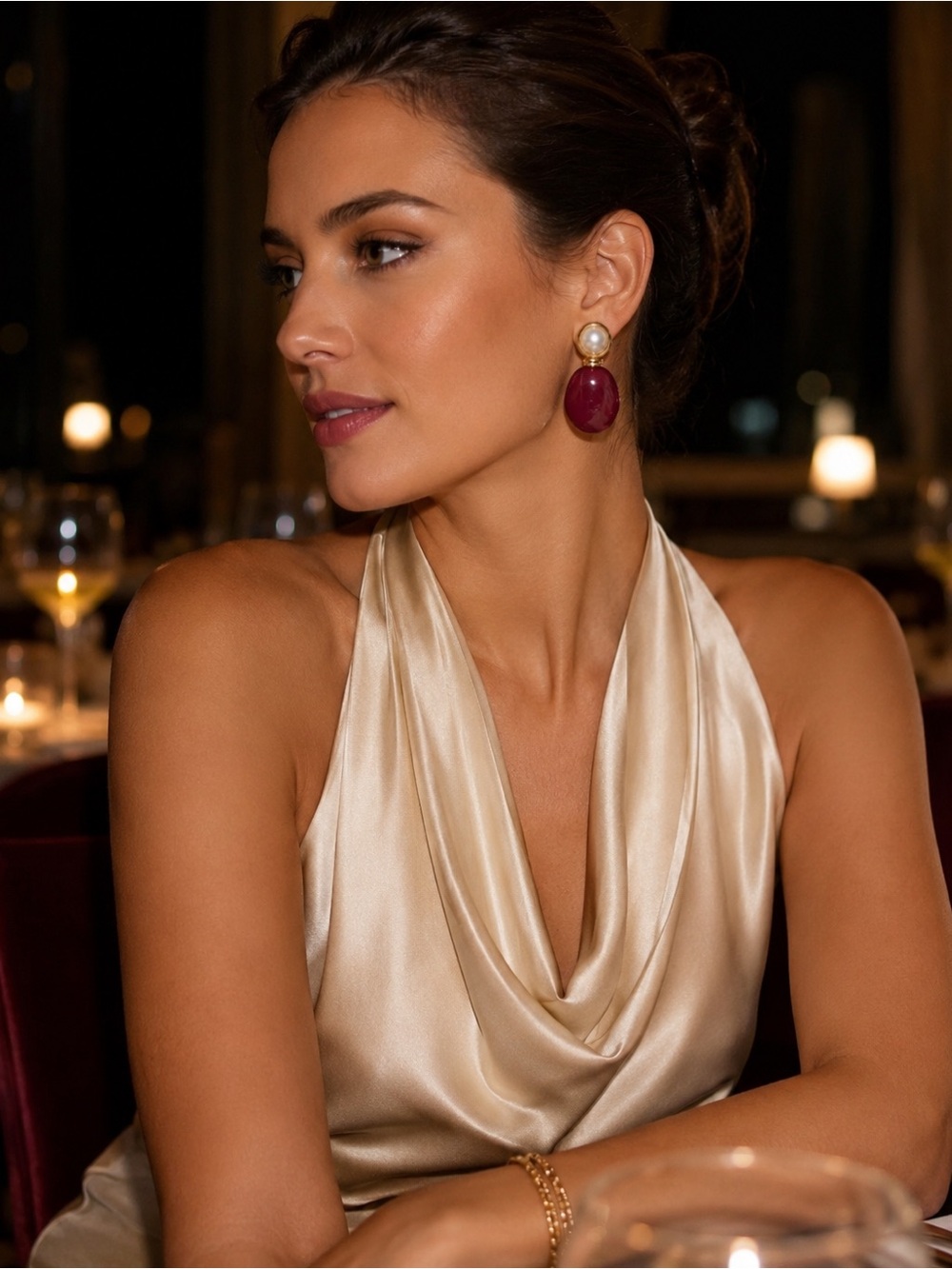 Mango Maroon Drop Earrings with Pearl and Gold Tone
